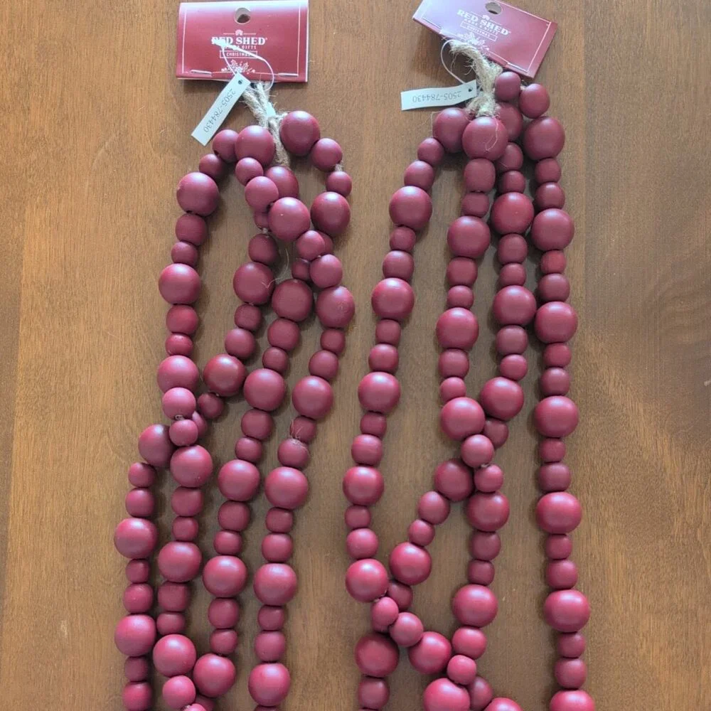 NWT Red Shed Home & Gifts Red Wood Beaded Garland 12 Feet (2, 6' Strands)